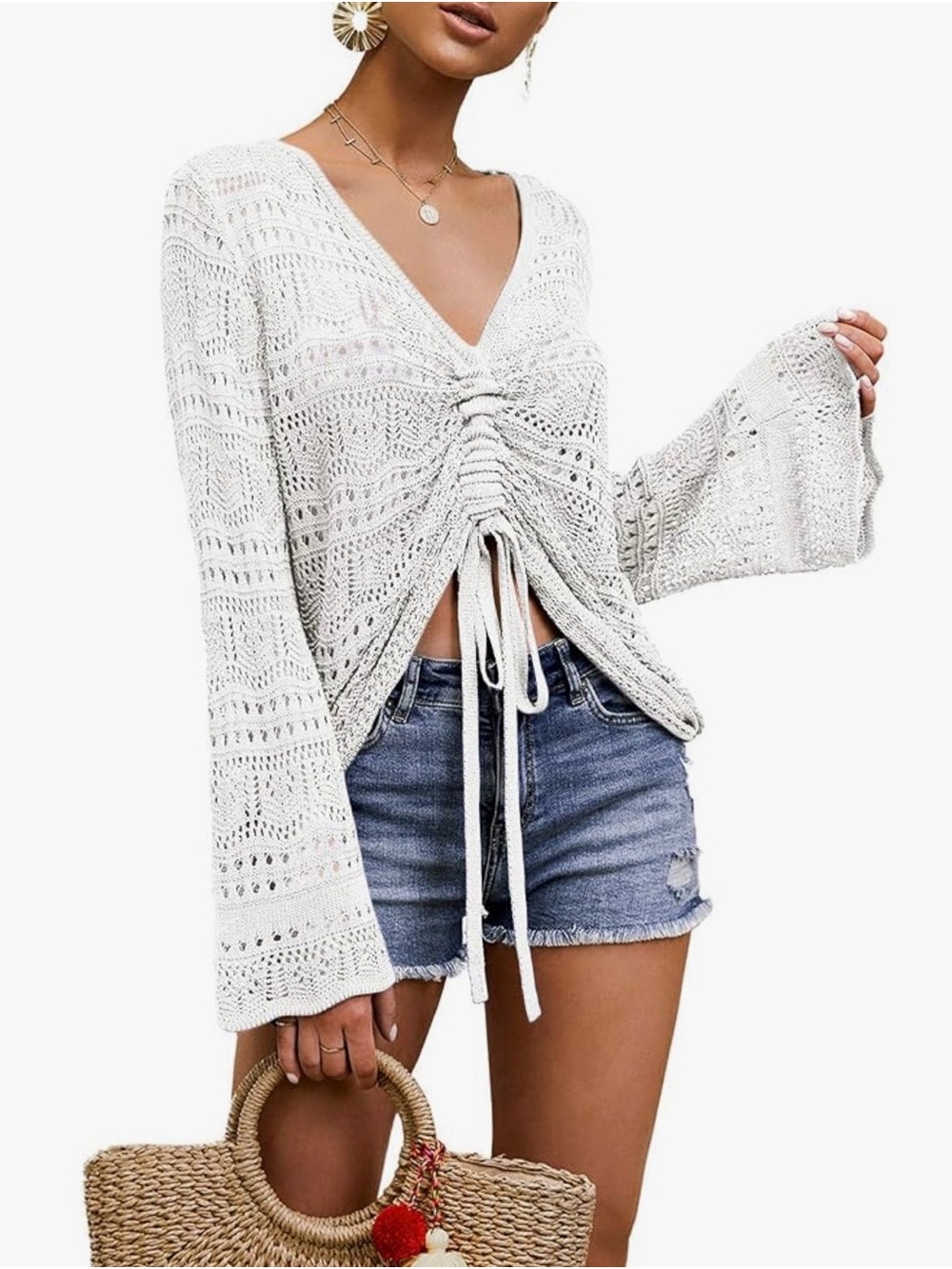 White Crochet Drawstring V-Neck Sweater Top Size Small